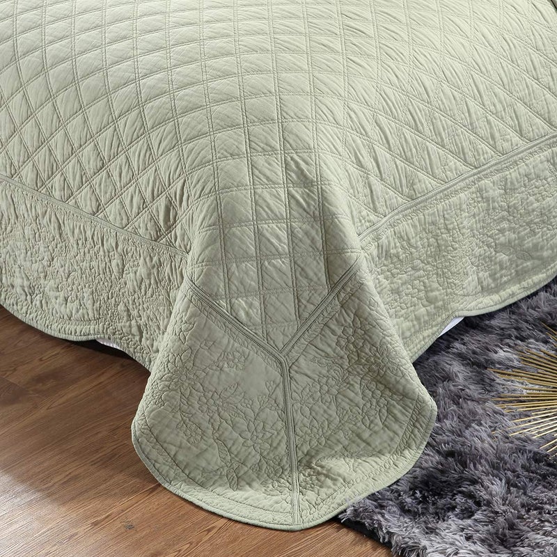 vctops 100% Cotton Floral Embroidered Quilt Set 3-Piece Oversize Queen Size Reversible Diamond Pattern Quilted Bedspread Coverlet Bed Cover (Oversize Queen,Green) - Image 5